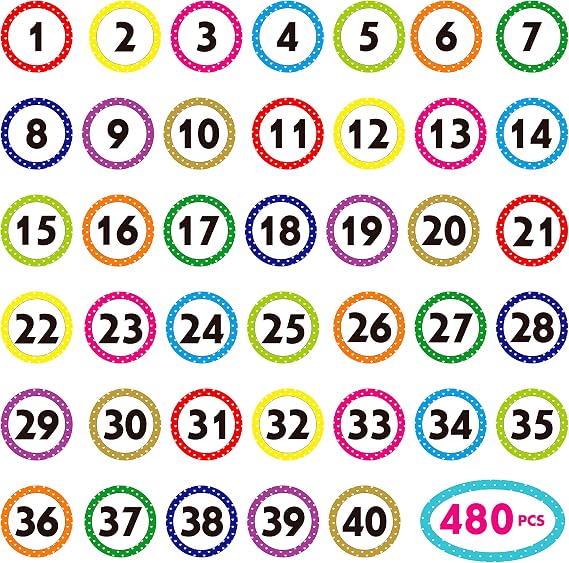 480 PCS Polka Dot 1-40 Numbers Stickers for Office, Classroom, Organizing Each Measures 1 in Diameter