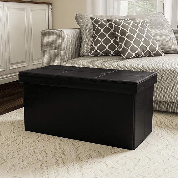 Storage Ottoman - 30-Inch Folding Faux Leather Footrest, Linen Chest, or Bench with Removable Bin for Living Room or Bedroom by Lavish Home (Black)