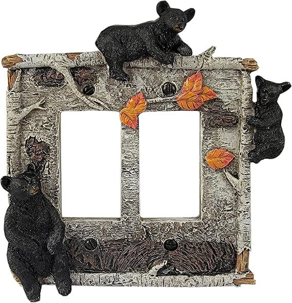 Rivers Edge Products Decora Light Switch Cover Plate, Light Switch Cover with Hand-Painted Birch Bear Scene, Branches and Orange Leaves, Poly-Resin Screw-in Design, Double Rocker, Black, 1 Count