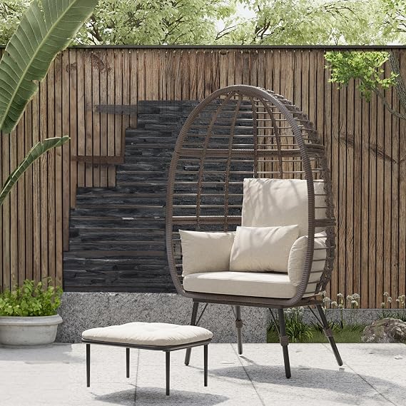 Wicker Egg Chair Outdoor with Ottoman - Indoor Egg Chair with Footstool & Anti-Splash Cushions, Patio Rattan Basket Chair with Stand, Beige