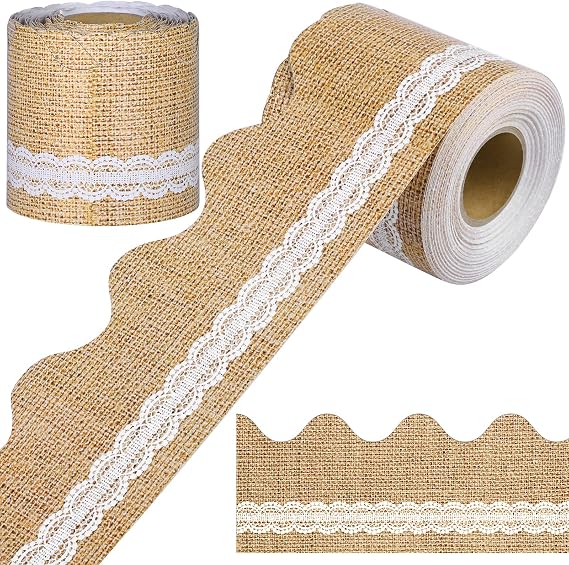 durony 65.6 Feet Burlap and Lace Bulletin Board Border 100th Day of School Scalloped Border Trim Fall Classroom Rustic Wood Farmhouse Decor for School Wall Classroom Office Decorations
