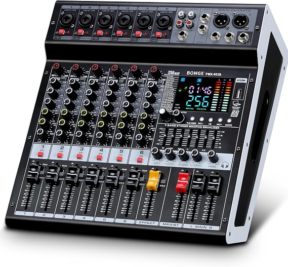 BOMGE Powr Mixers Audio, 6Channel Power Sound Mixer Amplifier 2 * 400W Dj Mixer Board withUSB, 6 X Mic Pres, +48V, Bluetooth, 256 Kinds of DSP for Speakers,concert party, karaoke studio