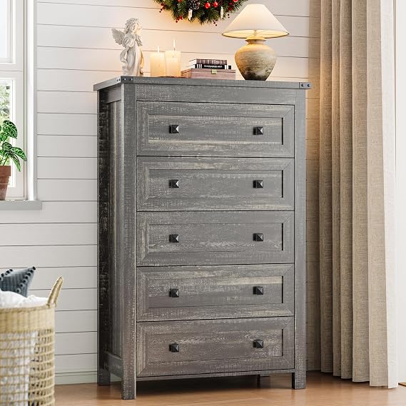 Xixini 45.5" Tall 5-Drawer Farmhouse Dresser for Bedroom, Dark Brown