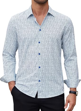 Lion Nardo Mens Printed Dress Shirts Stretch Wrinkle Free Dress Shirts Long Sleeve Button Down Shirt Business Casual Shirt