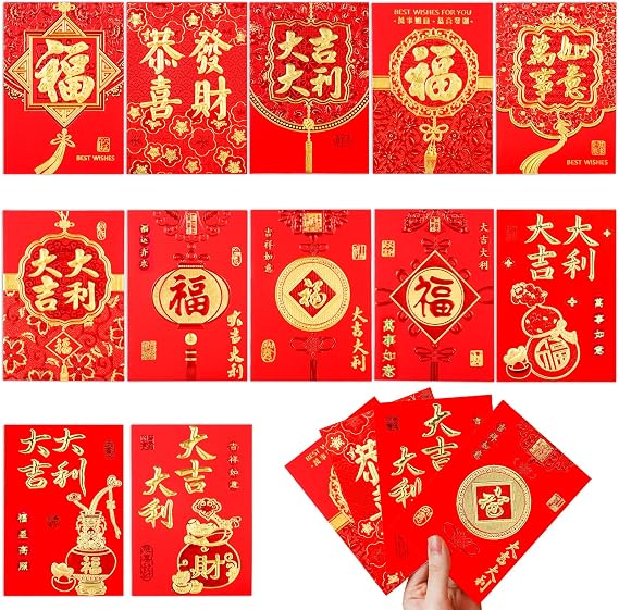 LUTER 36pcs Chinese Red Envelopes, New Year Hong Bao Lai See Envelopes with Classical Chinese Patterns and Blessing Words Lucky Money Pockets Supplies for Spring Festival
