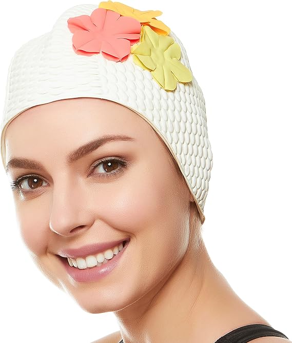 Beemo Womens Latex Swim Cap with Triple Flowers - Retro Bathing Cap for Long & Short Hair, Stretchy Waterproof Swim Hat for Pool, Beach & Shower Use