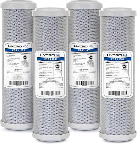 Hydronix CB251005 Whole House Coconut Carbon Block Water Filter 5-Micron Replacement Cartridge for RO & Drinking Water Systems | Standard 2.5 x 10 Inch Filter Housings (4 Pack)