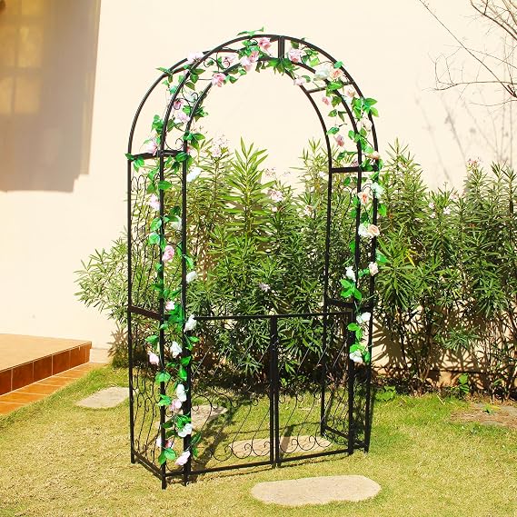 Heavy-Duty Arbor with Gate 48.8" W x 83.5" H, Iron Arch Trellis Arbor Archway for Climbing Plants Roses Vines Support Rack, Outdoor Lawn Backyard Patio Wedding Party Ceremony Decoration