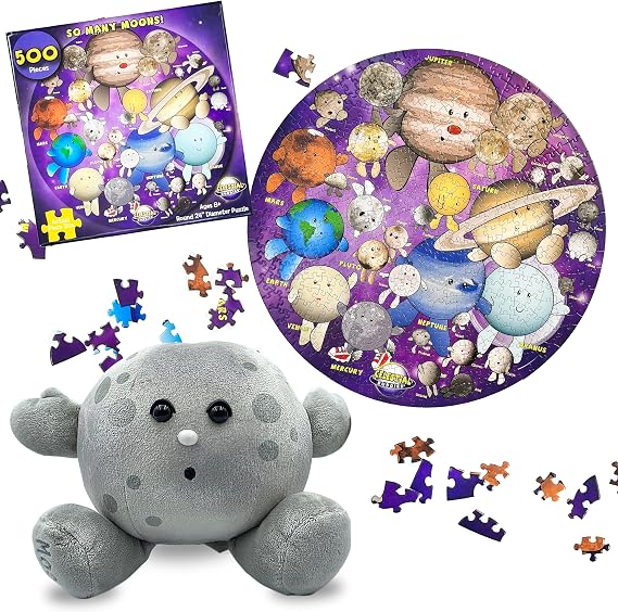 Celestial Buddies So Many Moons! & Moon Buddy Bundle - 500 Piece Jigsaw Puzzle + Educational Poster | 8.5 inch Soft Plush Planet Toy