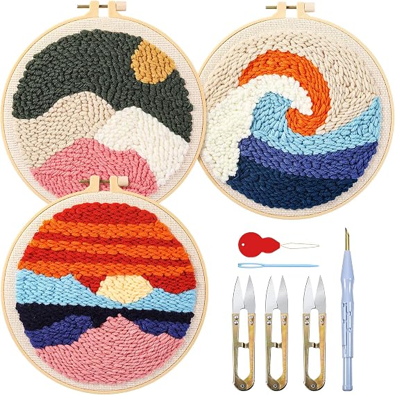 Chuangdi 3 Sets Punch Needle Kits for Adults Beginner Embroidery Starter Kit Punch Needle Tool with Fabric Hoops Yarns Sewing(Red)