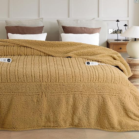 Heated Blanket Electric Blanket Queen - Fast Heating Blanket Throw Dual Control Double Sided Sherpa with 10 Heating Levels & 2-10 Hours Auto Off, Mashine Washable, 84 x 90 Inches, Camel