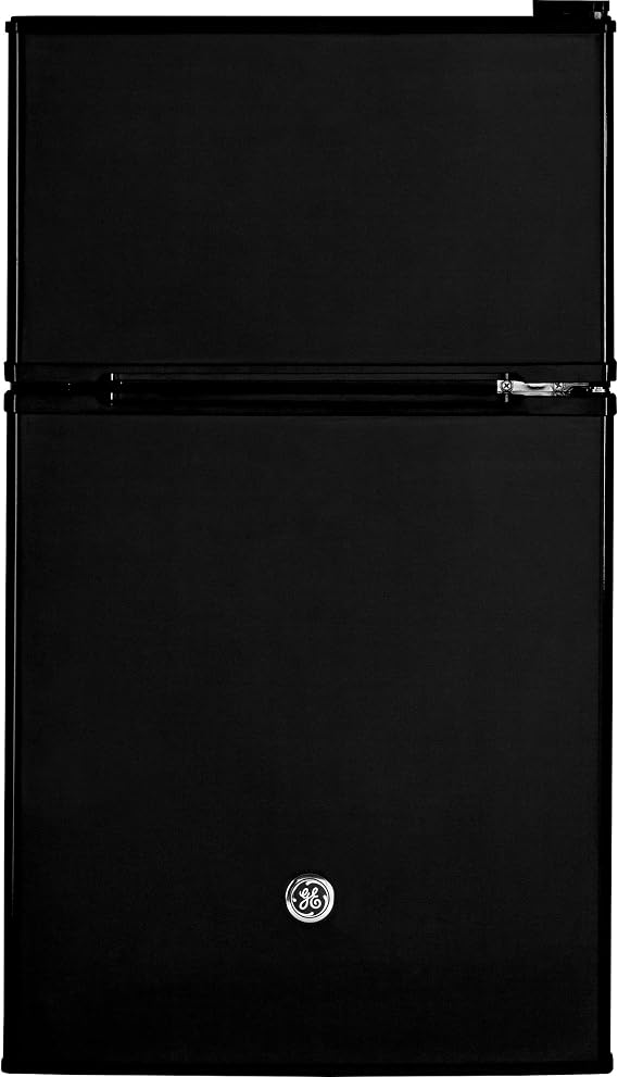 GE Double-Door Mini Fridge, Freestanding Compact Refrigerator with Freezer, 3.1 Cu Ft, Black, GDE03GGKBB