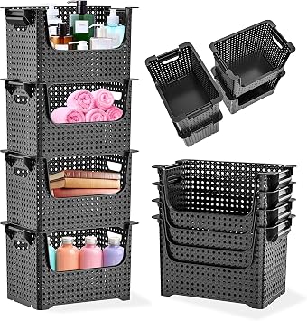 TidyFriend 4 Pk Large Stackable Storage Bins Open Front for Pantry Organizers and Storage, Pantry Storage for Food, Kitchen and Home Organization, Plastic Storage Bins, Dorm Room Essentials (Black)