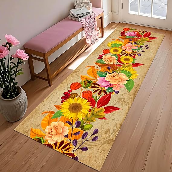 Flower Hallway Runner Rug, 40 x 120 cm plant Sunflower Peony Hand-drawn Colorful Long Rug, Washable Non-Slip Low Pile Retro style Floor mat for Kitchen Dining Room Indoor Carpet