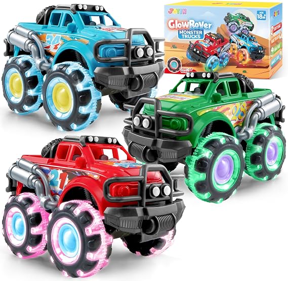 Vroomix JOYIN 3 Pack Monster Truck Toy - Toy Truck with Flashing LED Wheels - Light-Up Friction-Powered Cars for Kids - Boys Girls Birthday Gift