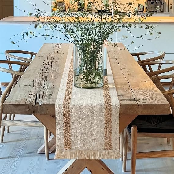 Farmhouse Decor Boho Table Runner with Macrame, Elegant Beige Brown Coffee Table Runners 60 Inches Long, Rustic Home Decor Boho Decorations for Dining Room Kitchen Baby Bridal Shower (12"60")