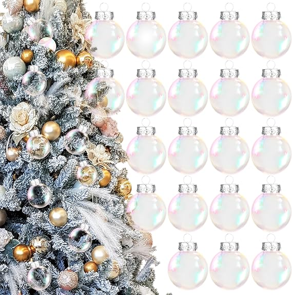 OCTERIC 30Pcs Christmas Iridescent Ornaments Balls, 2.4" Transparent Plastic Ornaments with Removable Silver Cap Hanging Cords for Xmas Holiday Home Party Decor DIY Crafts