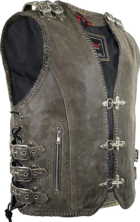 Men's Vintage Motorcycle Leather Vest with Buckle