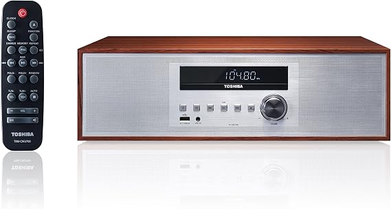 Toshiba TY-CWU700 Vintage Style Retro Look Micro Component Wireless Bluetooth Audio Streaming & CD Player Wood Speaker System + Remote, USB Port for MP3 Playback, FM Stereo Digital Tuner, AUX Input