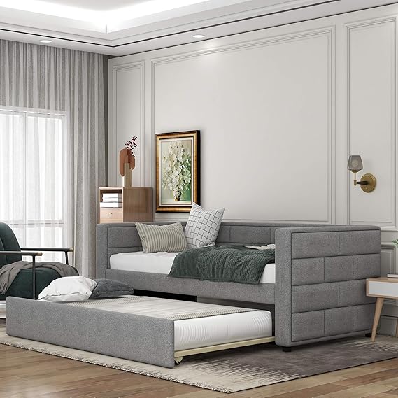 Twin Daybed, Twin Size Daybed with Trundle, Upholstered Daybed with Padded Back, No Box Spring Needed, Grey