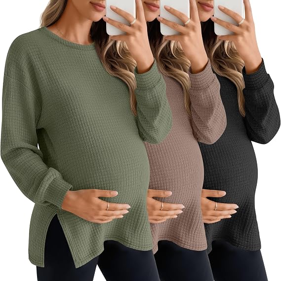3 Pack Women's Maternity Waffle Knit Shirts
