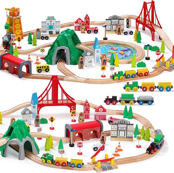 SainSmart Jr. 112-Piece Wooden Train Set for Toddler Double-Sided Train Tracks, Compatible with Brio, Thomas, Melissa & Doug Perfect Wood Toy for Boys and Girls