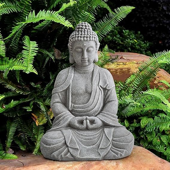 Sunjoy Buddha Statue 20 in. Large Sized Buddha Garden Statue Gray Decorative Outdoor Buddha Statue