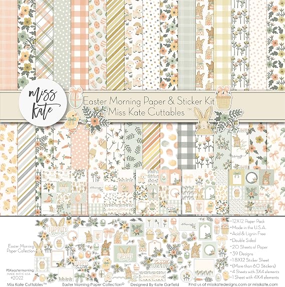 Miss Kate Cuttables Paper & Sticker Kit - Easter Morning - for Spring - 20 Double-Sided 12x12 Papers with 39 Designs & 1 8X12 Sticker Sheet - Scrapbooking Card Making Crafting