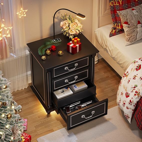 Dystler Farmhouse Nightstand with Gun Drawer and Charging Station | Night Stand with LED Light, Smart Bedside End Table with Motion Sensor and 3 Large Storage Drawers for Bedroom