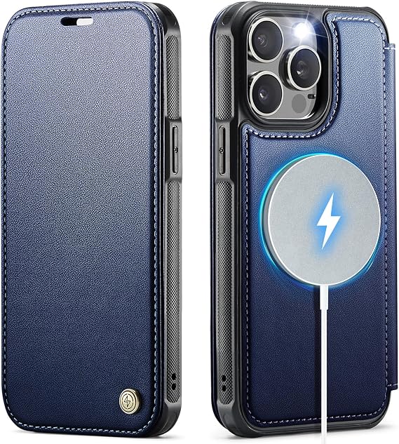 iPhone 15 Pro用ケース 財布 Magsafe対応 スリムPUレザーフリップRFIDブロッキングカードホルダースタンド 耐衝撃磁気レディースメンズウォレットフォンケースカバー iPhone 15 Pro用 ディープブルー