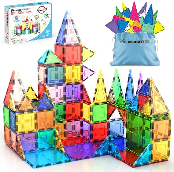 PicassoTiles 100 Piece Magnetic Tiles, Clear 3D Building Blocks for Kids 3+ | No-limit scalable builds, hands-on magnet polarity fun, family group play, quick assemble & store, shape & color recognition