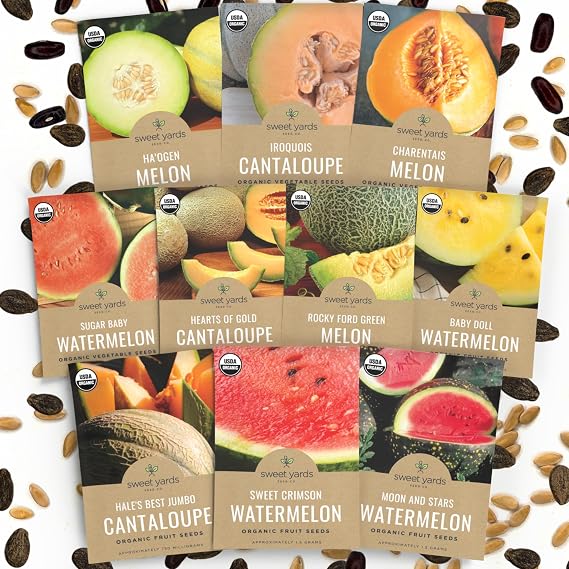 Organic Melon Seeds Variety Pack - 10 Individual Packs - 2026 Season - Sugar Baby, Charentais, Hearts of Gold and More! for Indoor & Outdoor Planting (Non-GMO, Certified Organic)