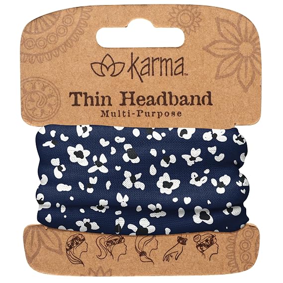 Karma Navy Floral Headband for Women - Thin - Fabric Headband and Stretchy Hair Scarf - Navy Blue