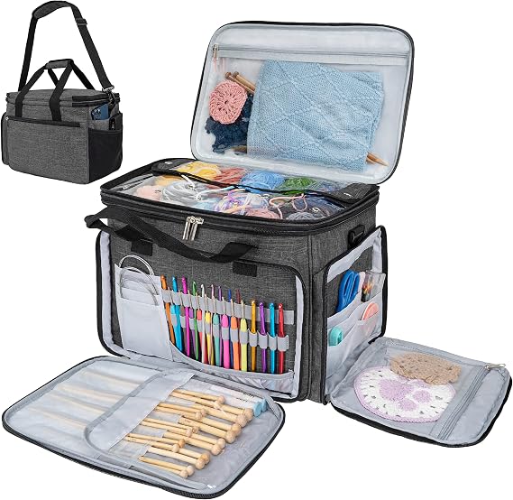PAVILIA Knitting Yarn Storage Bag Crochet Organizer for Knitter, Dark Grey