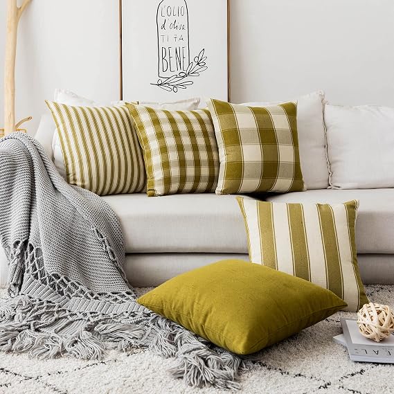 Home Brilliant Decorations Throw Pillows Cover Patterned Striped Farmhouse Linen Cushion Covers Set of 5 Green Pillow Covers for Sofa Decor, Golden Olive, 18 x 18 inch, 45cm