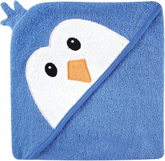 Luvable Friends Unisex Baby Cotton Animal Face Hooded Towel, Blue Penguin, One Size