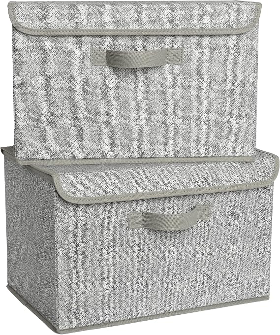 GRANNY SAYS Storage Boxes with Lid Pack of 2 Boxes Storage with Lid Foldable Fabric Organiser Boxes Storage Baskets for Clothes Grey Folding Boxes with Lid for Wardrobe