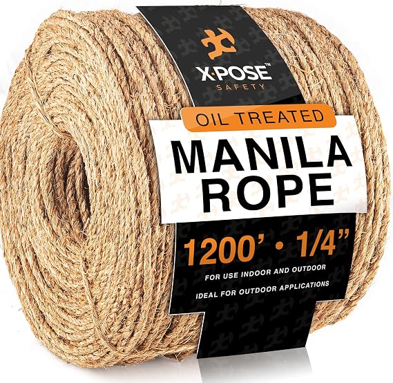 Manila Rope - 1/4 Inch 1200' - 3 Strand Cordage Twisted Braided Rope - Thick Natural Fiber for Nautical, Marine, Decorative for Crafts, Porch Column, Outdoor Pole Wrap, Tree Swing