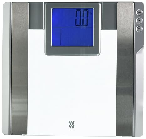 WW Scales by Conair Body Analysis Glass Bathroom Scale, Measures Body Fat, Body Water, Bone Mass & BMI, 4 User Memory, Jumbo 3.2" Blue Backlight LCD Readout, 400 Lbs. Capacity