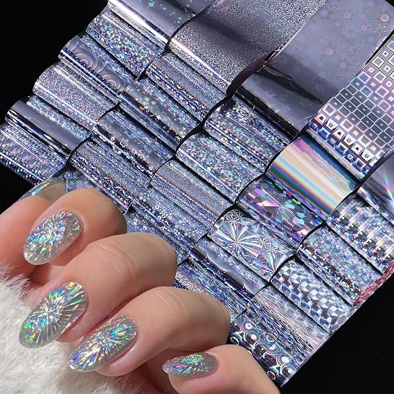 30 PCS Holographic Nail Foils Transfer Nail Art Stickers Dazzling Silver Geometry Line Nail Foil Wraps Laser Rose Cherry Blossoms Starry Sky Paper for Nail Art Designs Decoration Accessories