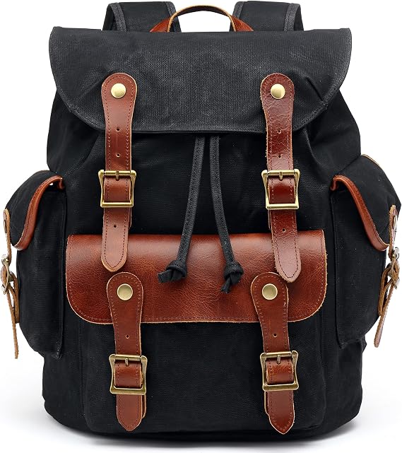 HuaChen Vintage Heavy Duty Canvas Backpack with Leather Trims,Military Rucksack for Travel, Hiking,School, College Bookbag Daypack - M85 Black