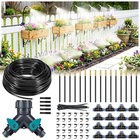 HIRALIY 100FT Misting Irrigation Kit | Quick-connect watering system with 16 adjustable 360 mist nozzles for raised beds, patios and greenhouses