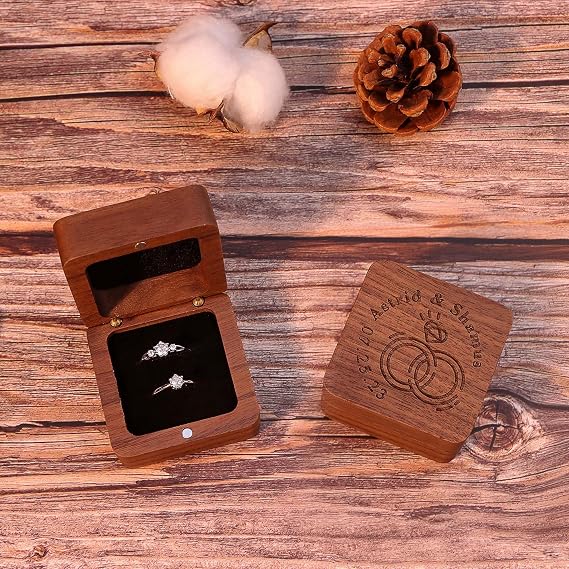 Square Double Ring Box - Engraved Wood Ring Bearer Box for Wedding Ceremony, Proposal or Engagement Ring Box Gift, Storage for 2 Rings