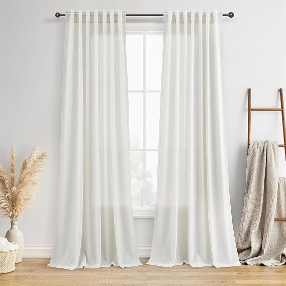 BOODII Linen Curtains 96 Inch Long 8ft for Living Room Ivory 2 Panels