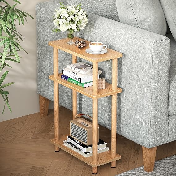 APICIZON Narrow Side Table, Slim Small Table, 3 Tier End Table Living Room, 40x18x61.5cm, Modern Thin Side Table for Living Room, Bedroom, Sofa, Small Nightstand with Magazine Rack, Wooden, Nature