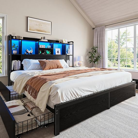 Homkdom Queen Size Bed Frame with Storage Headboard & 4 Large Drawers,Black