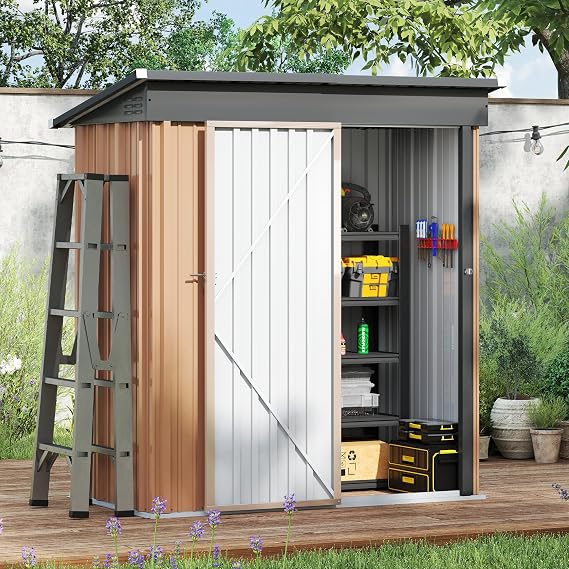 Amopatio Outdoor Garden Shed, 162 x 86 x 182 cm, 2.1 m3 Metal Shed with Sliding Door and Lock, Storage Shed for Garden Tools, Colour: Brown