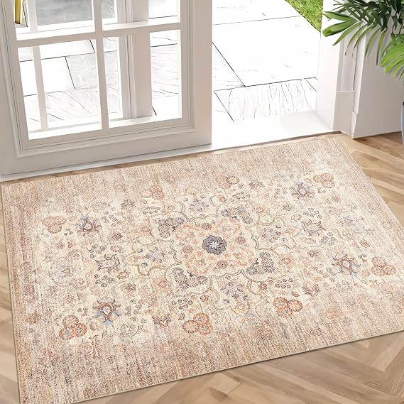 Small Beige Rug for Entryway Bathroom Kitchen Entrance Doormat,Boho Vintage Bohemian Distressed Washable Oriental Farmhouse Accent Floor Throw Carpet Non Slip,2x3