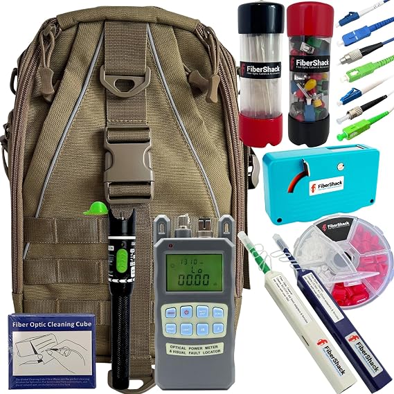 FiberShack - Fiber Optic Cleaning Kit & Fiber Tester Kit - 10 Piece Fiber Cleaning Kit & Fiber Optic Tester Kit for SC/APC, ST, SC & LC Fiber - Khaki Sling Bag for Easy Access