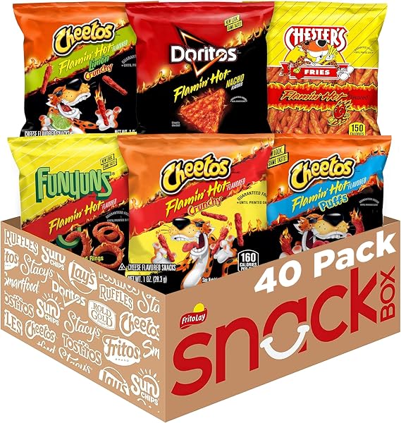 Frito Lay Flamin' Hot Mix, 6 Flavor Single Serve Cheetos, Doritos, Chester's, Funyuns Variety Pack, (40 Pack)